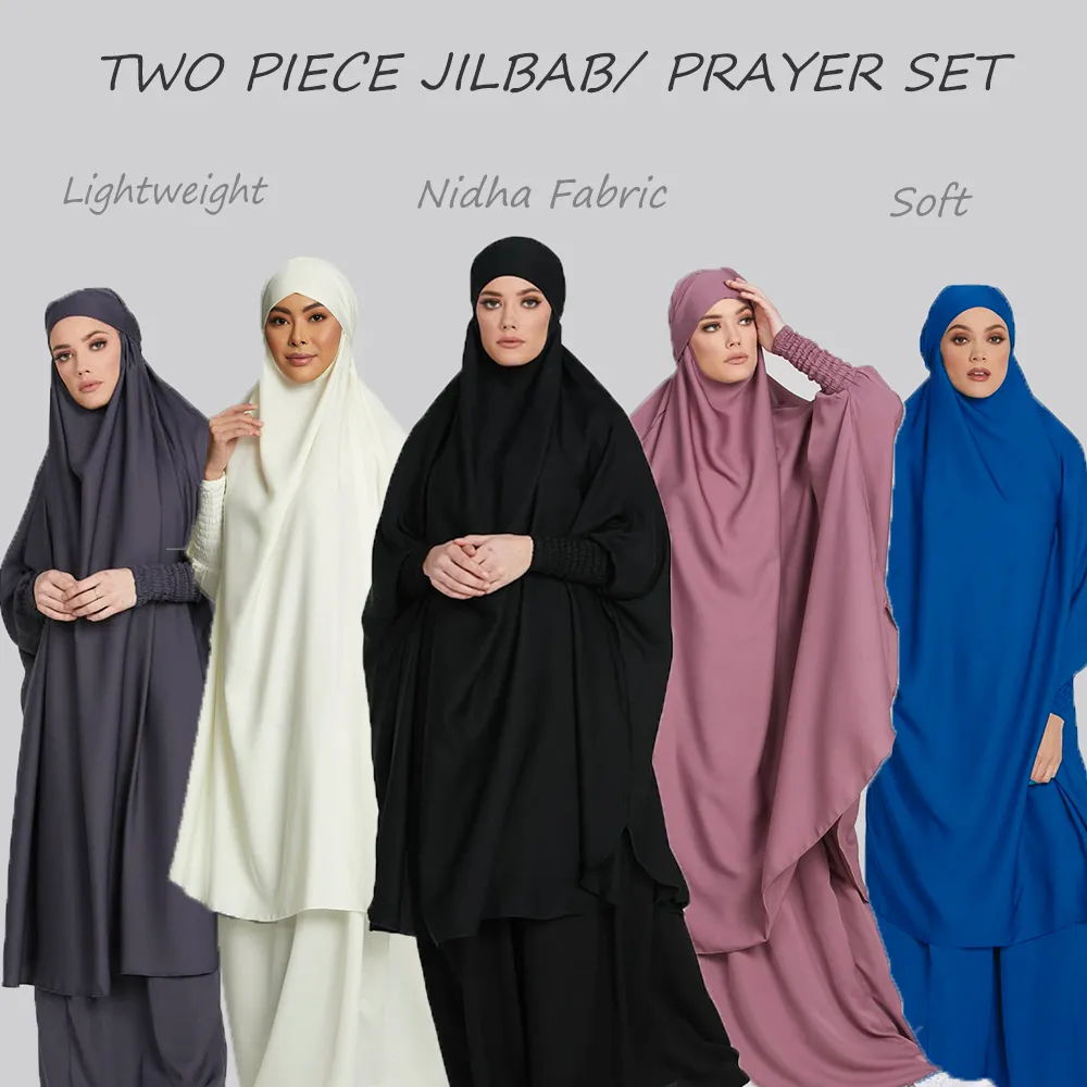 Women Two Piece Jilbab Prayer Set Abaya Batwing Hijab Dress Muslim Kimono Kaftan Robe Long Khimar Islam Cloth Jilbab Ramadan