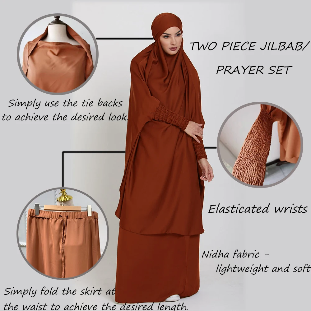 Women Two Piece Jilbab Prayer Set Abaya Batwing Hijab Dress Muslim Kimono Kaftan Robe Long Khimar Islam Cloth Jilbab Ramadan