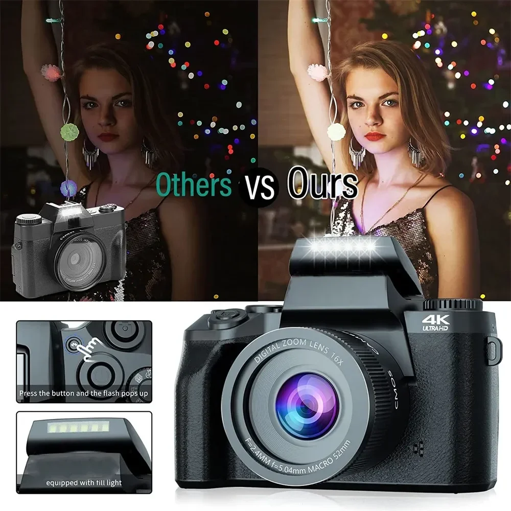 Auto Focus 64MP Digital Camera SLR DSLR For Photography 4K 60FPS Vlog Camcorder 4 Inch 16X Zoom Touch Youtube Livestream Webcam