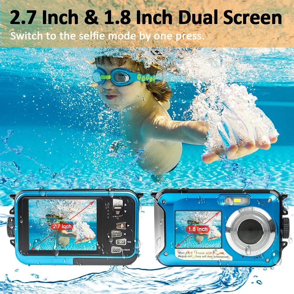 Underwater Digital Camera Full HD 2.7K 48MP 10FT Waterproof Dual Screen 16X Digital Zoom for Kids Snorkeling Swimming