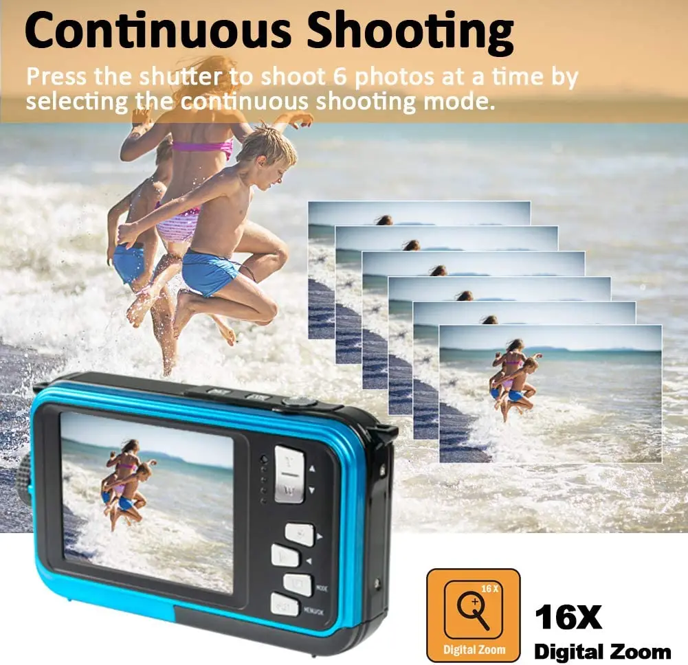 Underwater Digital Camera Full HD 2.7K 48MP 10FT Waterproof Dual Screen 16X Digital Zoom for Kids Snorkeling Swimming