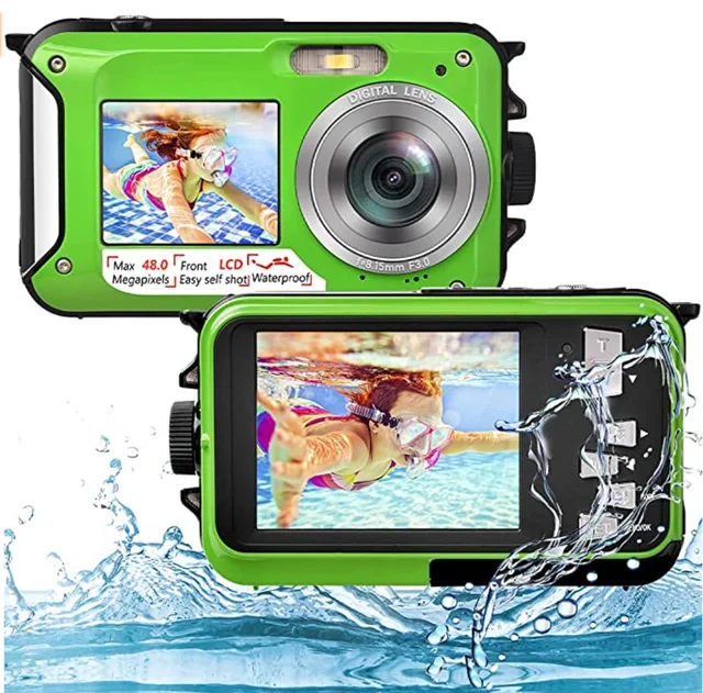Underwater Digital Camera Full HD 2.7K 48MP 10FT Waterproof Dual Screen 16X Digital Zoom for Kids Snorkeling Swimming
