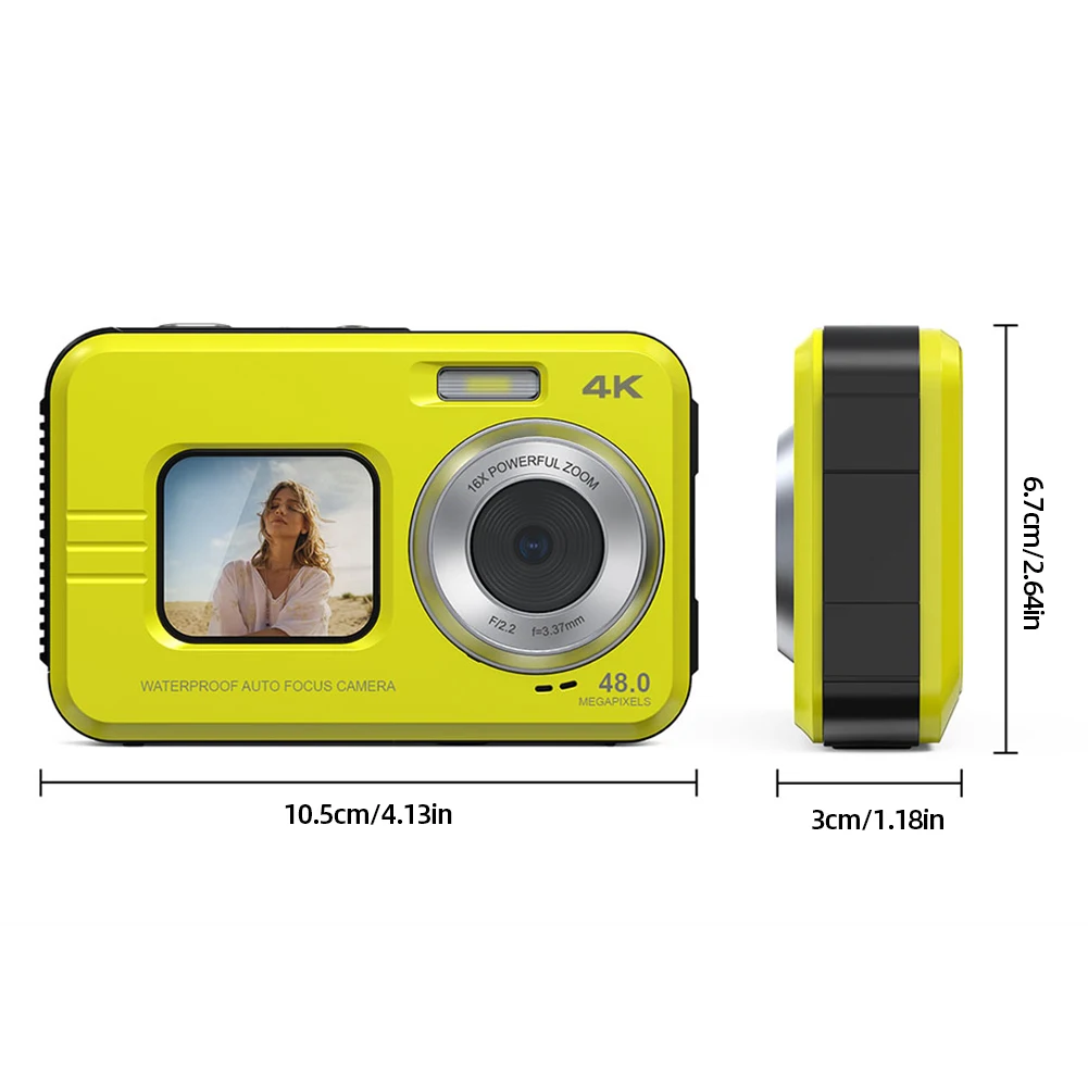 Waterproof Digital Camera Selfie Dual Screens 2.7K 48 MP Compact Portable Underwater Camera 16X Zoom for Snorkeling Hot