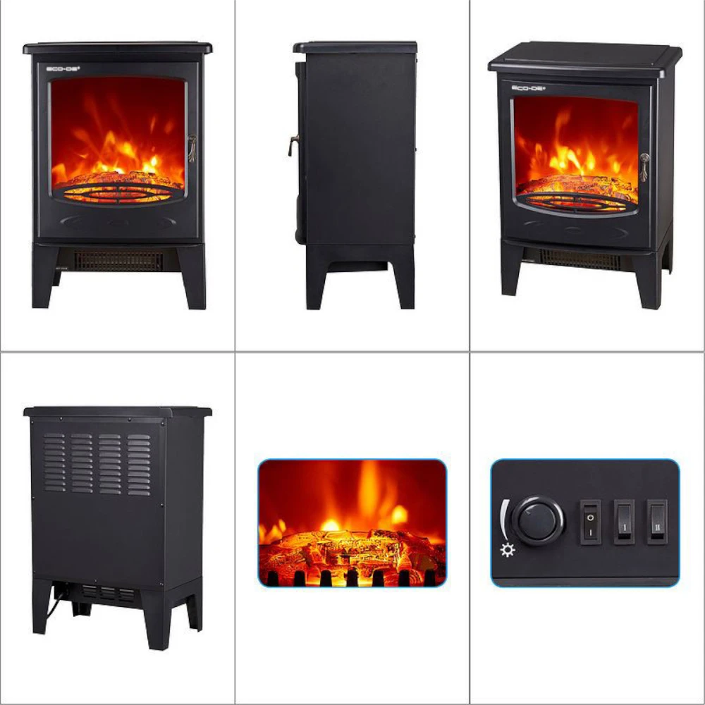 Decorative Electric Fireplace ECO-CHI-521 Two Levels Power 900W + 900W Real Fire Effect Dimmable Light Black Color