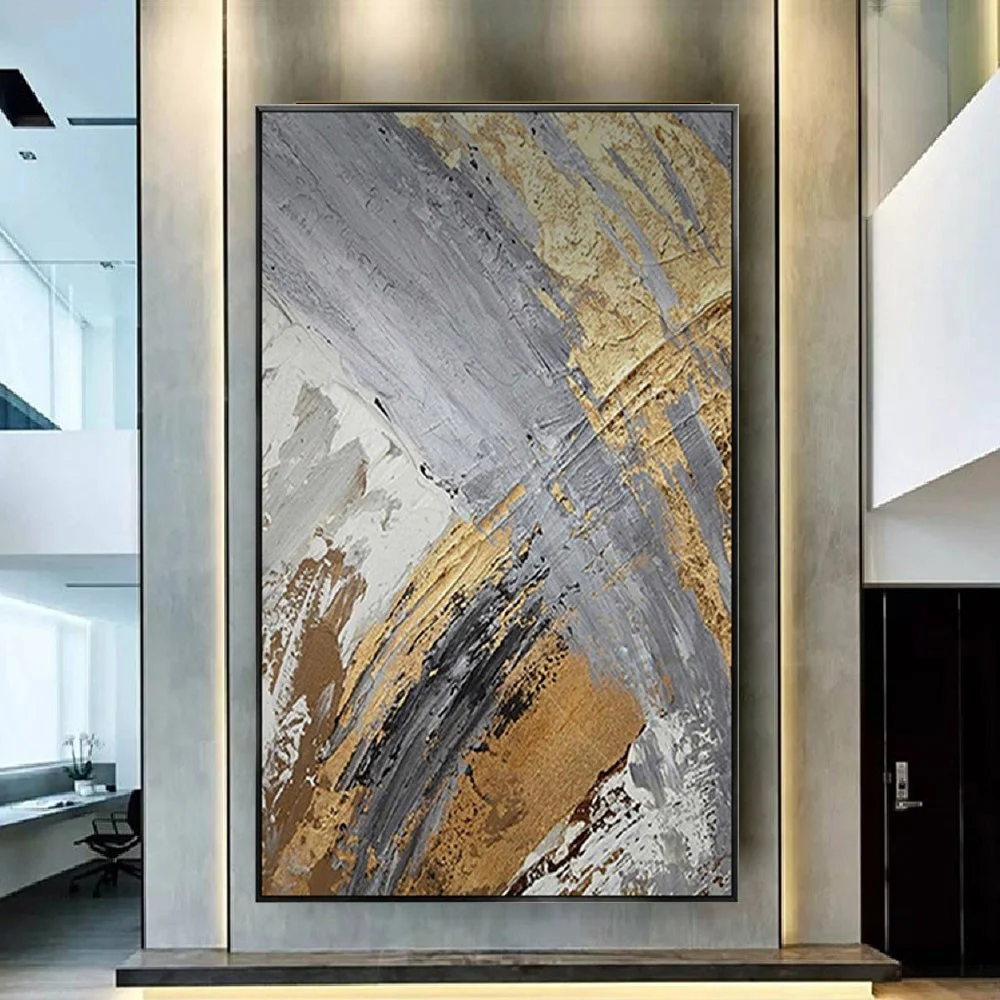 Handmade Canvas Oil Painting Abstract Gold Foil Thick Texture Cuadros Line Paintings Decor Living Room Large Home Trim Pictures