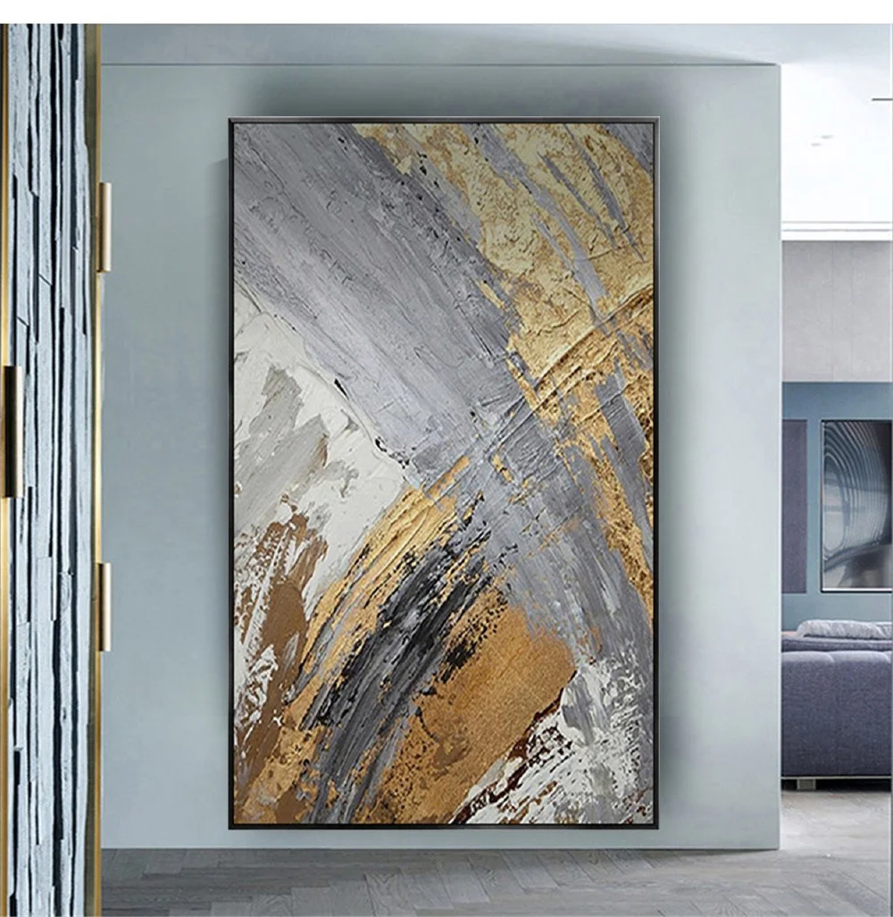 Handmade Canvas Oil Painting Abstract Gold Foil Thick Texture Cuadros Line Paintings Decor Living Room Large Home Trim Pictures