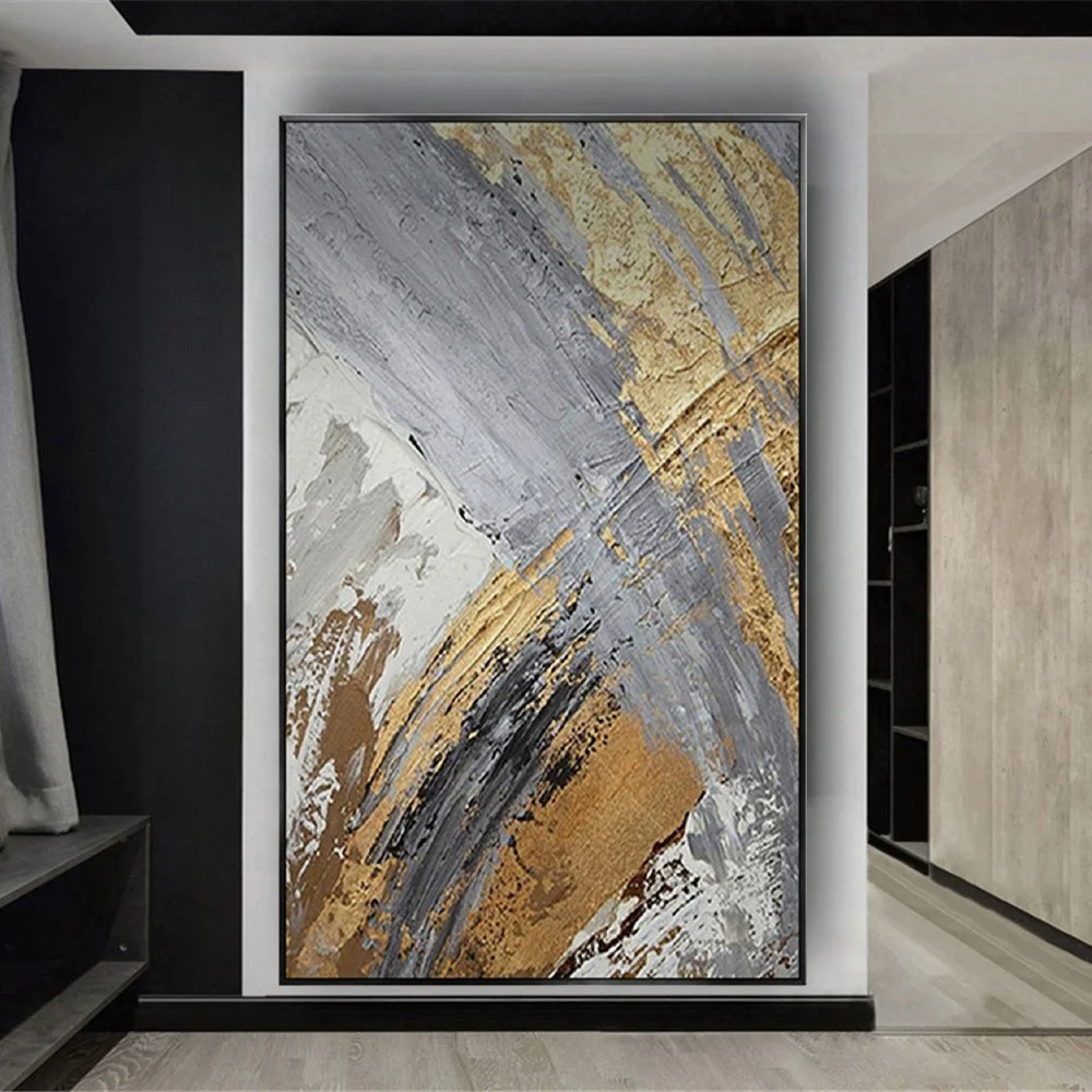 Handmade Canvas Oil Painting Abstract Gold Foil Thick Texture Cuadros Line Paintings Decor Living Room Large Home Trim Pictures