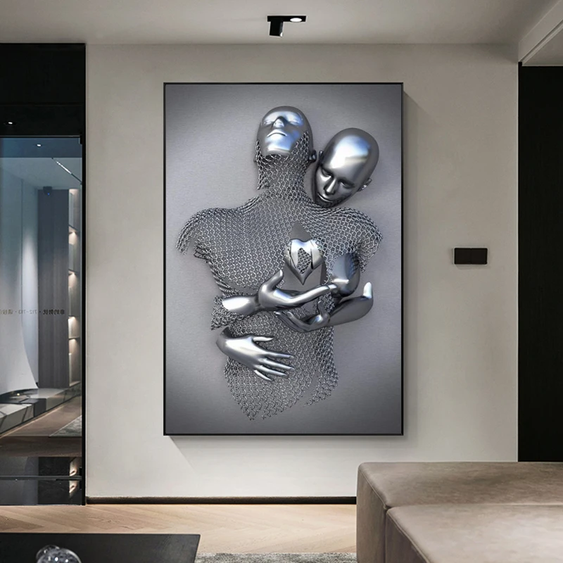 3D Love Heart Gray Art Painting On Canvas Metal Figure Statue Art Posters And Prints Wall Pictures