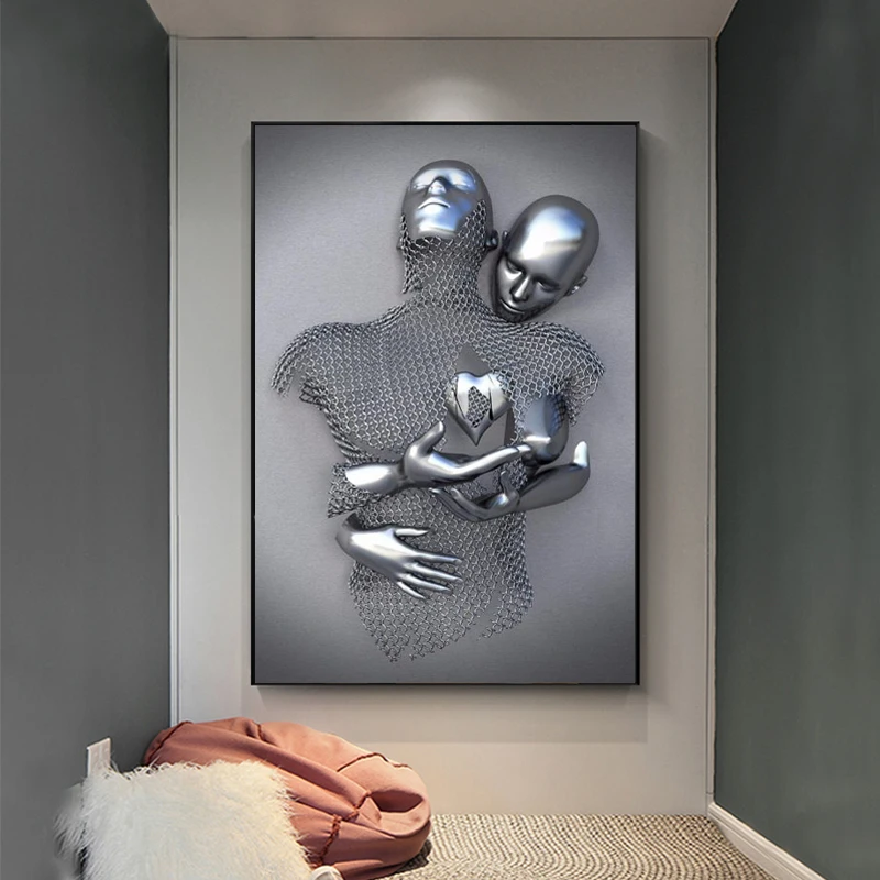 3D Love Heart Gray Art Painting On Canvas Metal Figure Statue Art Posters And Prints Wall Pictures