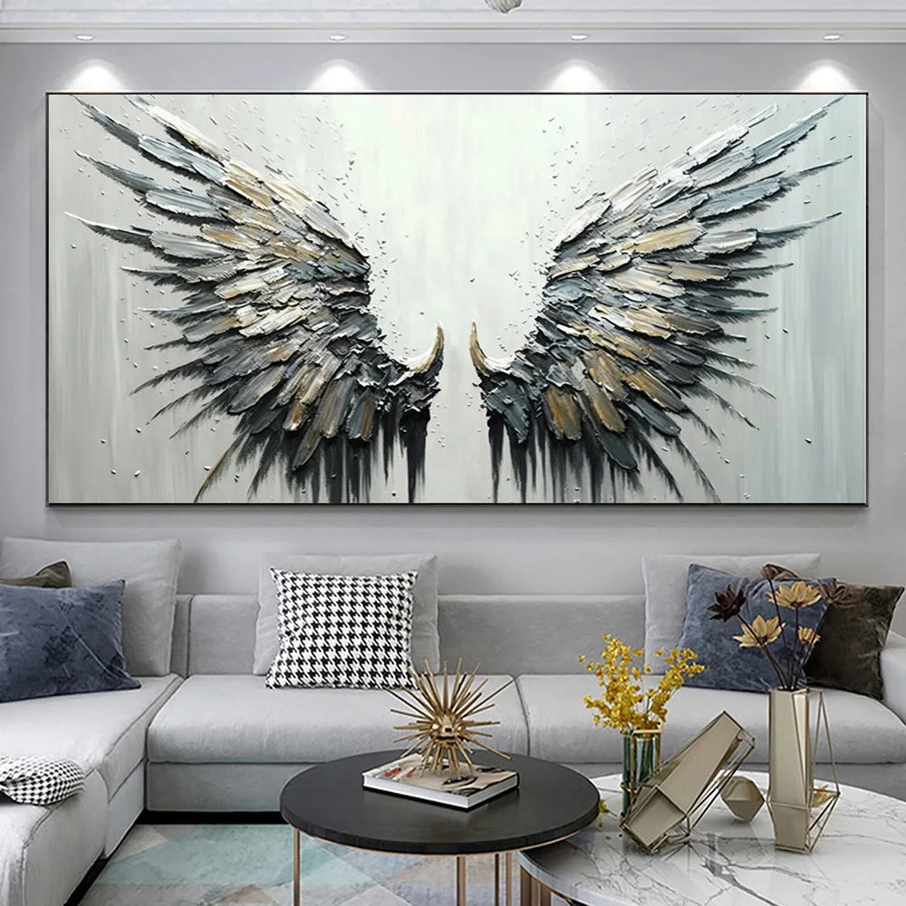 Abstract Black Gray Feather Large Size Wings Canvas Painting Bohemian Style Wall Art Posters Print Modern Living Room Home Decor