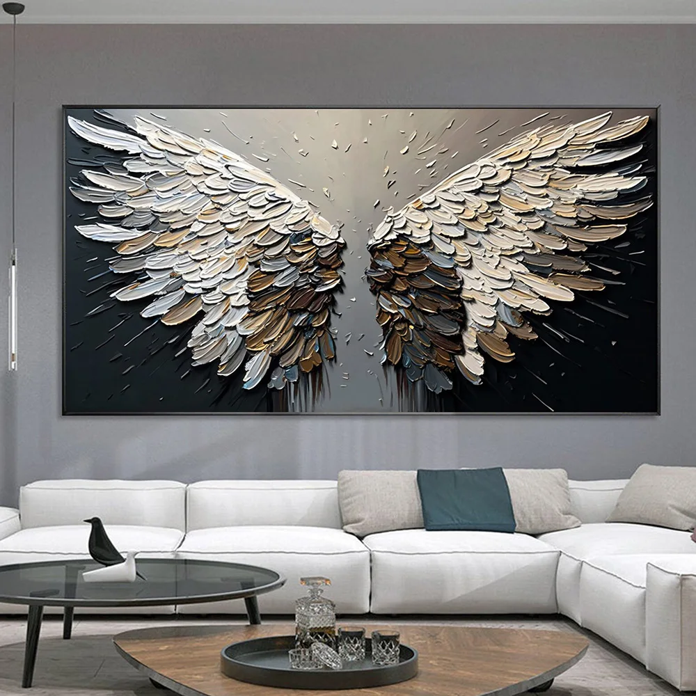 Abstract Black Gray Feather Large Size Wings Canvas Painting Bohemian Style Wall Art Posters Print Modern Living Room Home Decor