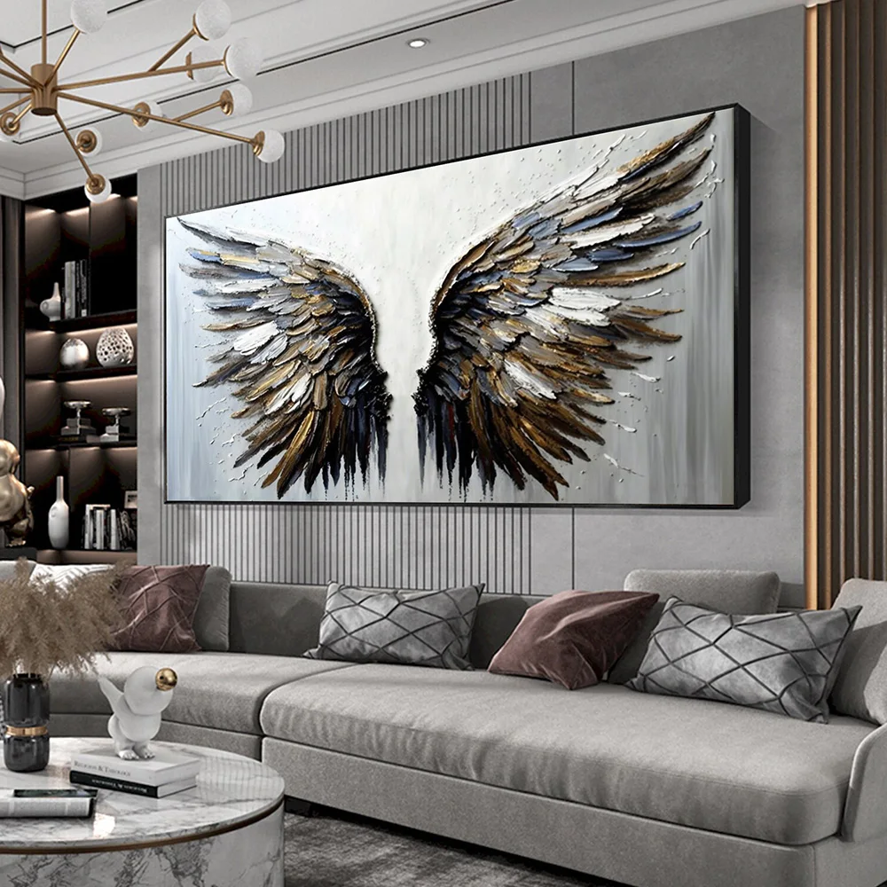 Abstract Black Gray Feather Large Size Wings Canvas Painting Bohemian Style Wall Art Posters Print Modern Living Room Home Decor