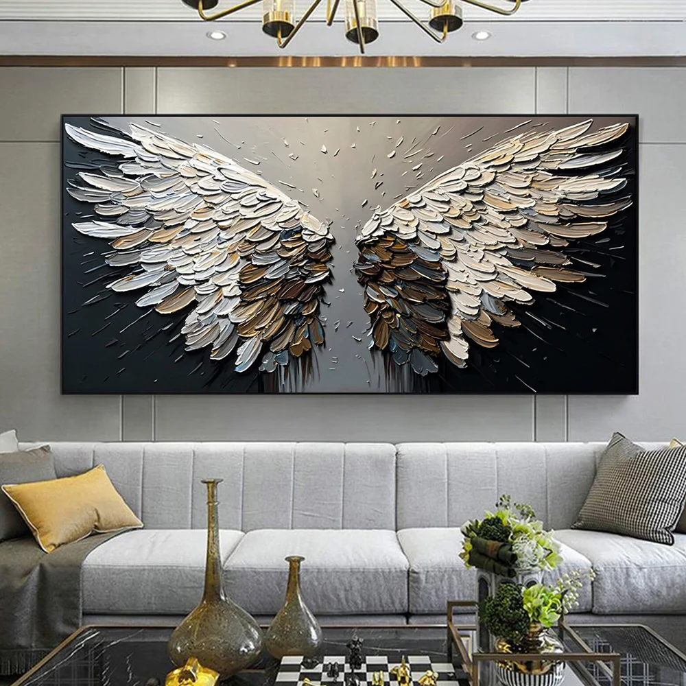 Abstract Black Gray Feather Large Size Wings Canvas Painting Bohemian Style Wall Art Posters Print Modern Living Room Home Decor