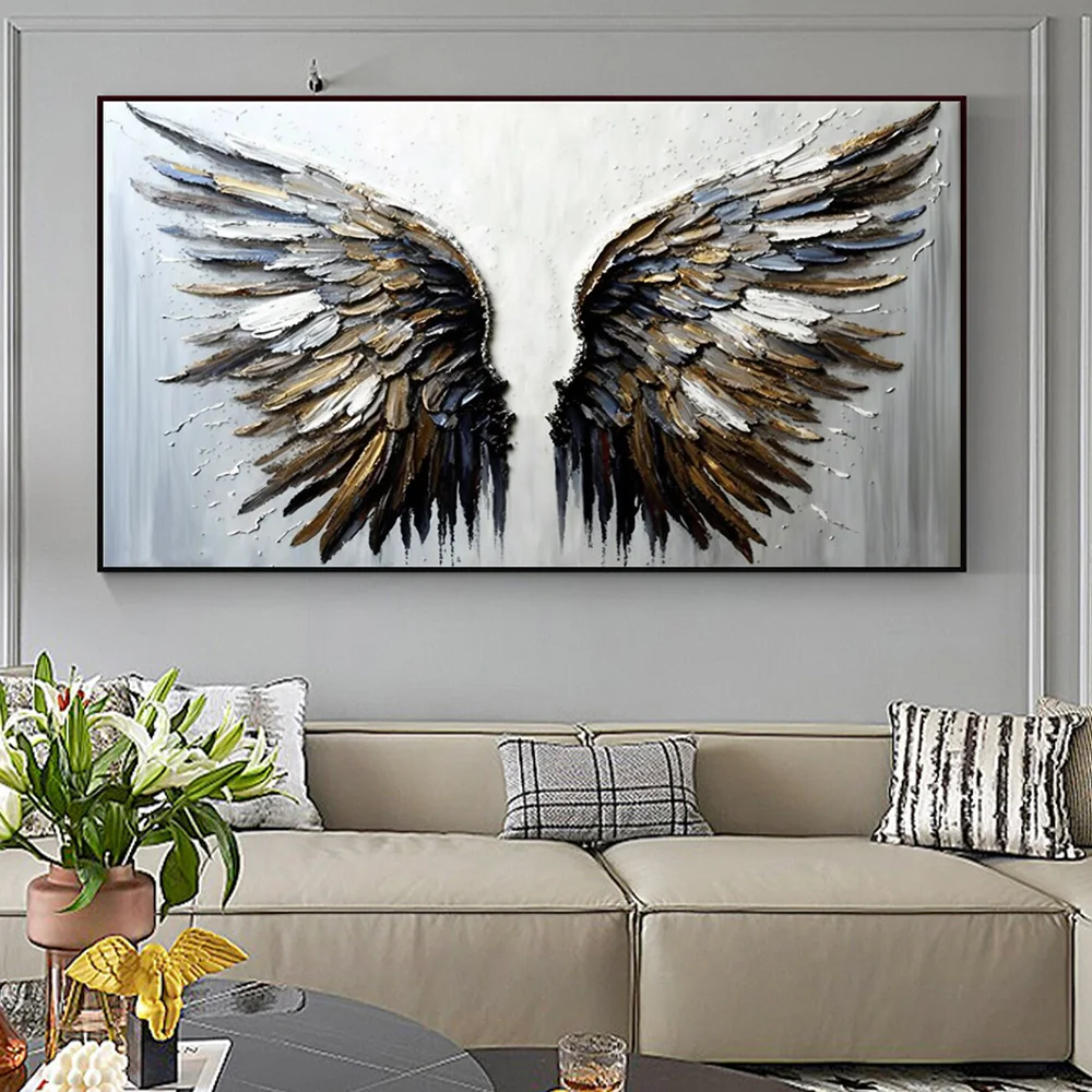 Abstract Black Gray Feather Large Size Wings Canvas Painting Bohemian Style Wall Art Posters Print Modern Living Room Home Decor