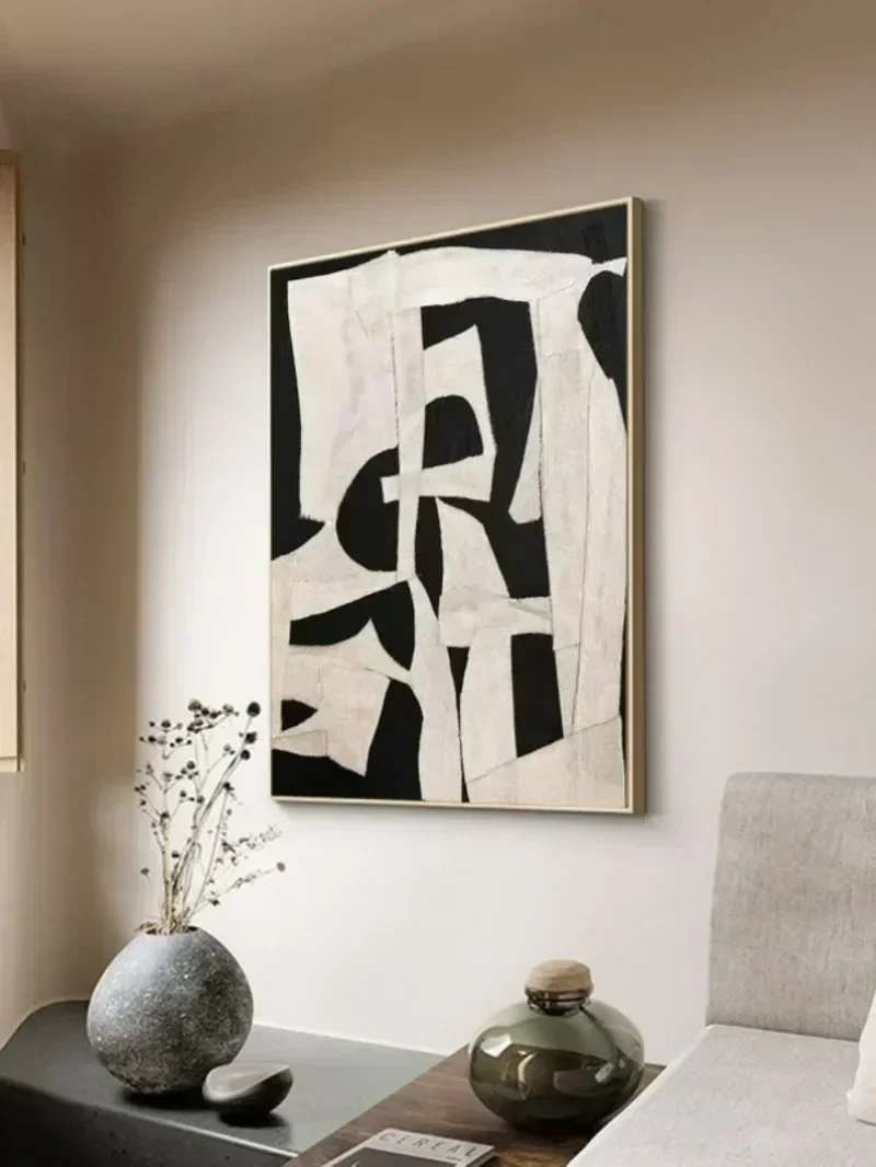 Wall Art Black Beige Abstract Painting Handmade Minimalist Canvas Large Neutral Rich Textured Living Room Décor