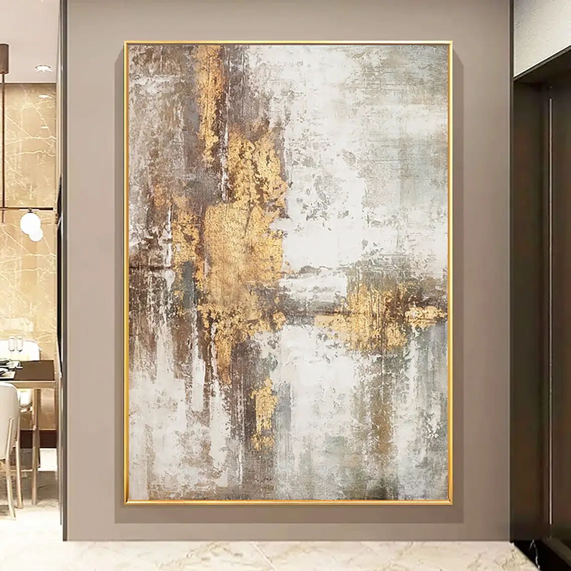 Large Beige Gold Grey Abstract Handmade Oil Painting For Living Room big Paintings Grey Gold Foil Painting Scandinavian Wall Art