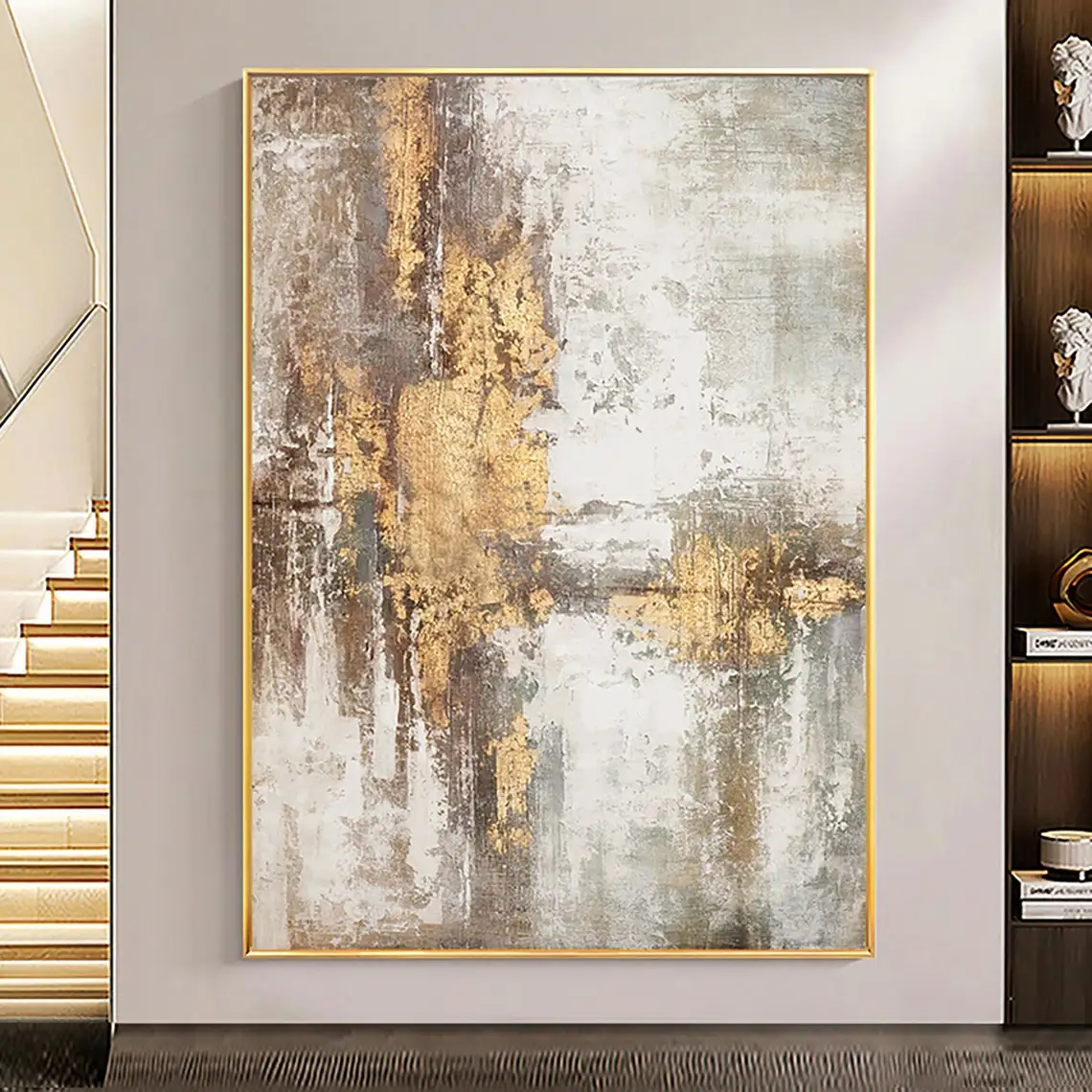 Large Beige Gold Grey Abstract Handmade Oil Painting For Living Room big Paintings Grey Gold Foil Painting Scandinavian Wall Art