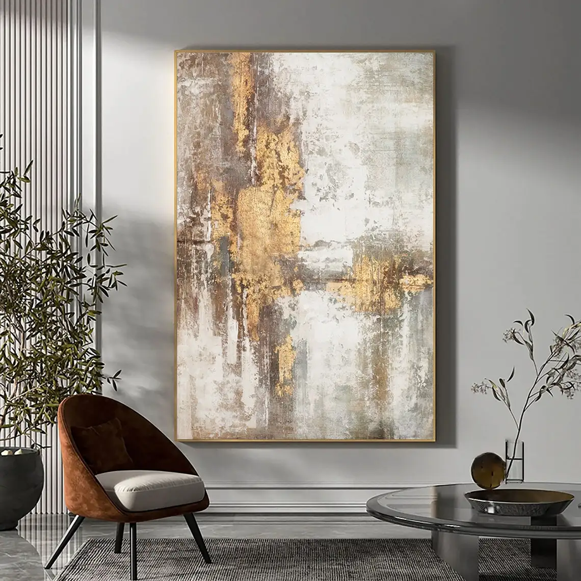 Large Beige Gold Grey Abstract Handmade Oil Painting For Living Room big Paintings Grey Gold Foil Painting Scandinavian Wall Art