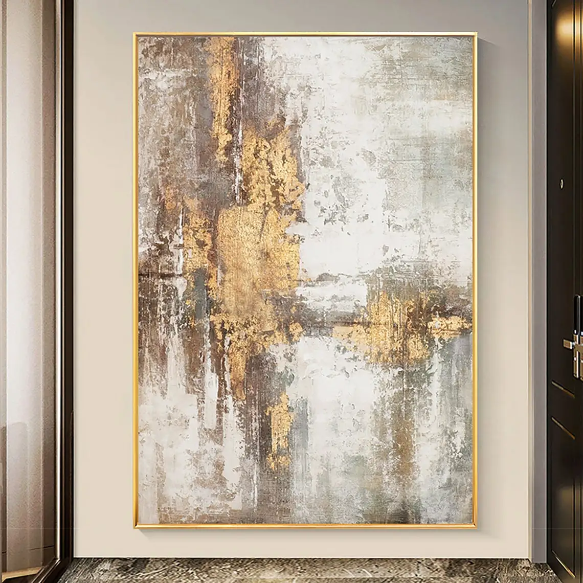 Large Beige Gold Grey Abstract Handmade Oil Painting For Living Room big Paintings Grey Gold Foil Painting Scandinavian Wall Art