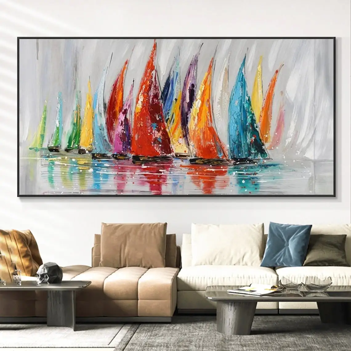 Sailboats Abstract Painting on Canvas Modern Art Oil Painting Living Room Colorful Wall Art Large Abstract Wall Art Ocean Art