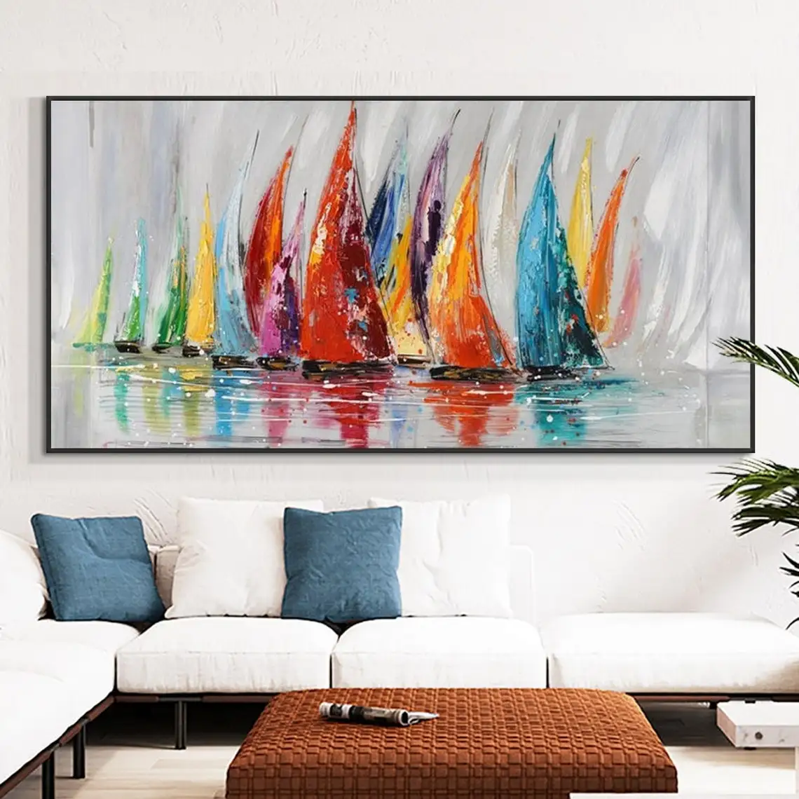 Sailboats Abstract Painting on Canvas Modern Art Oil Painting Living Room Colorful Wall Art Large Abstract Wall Art Ocean Art