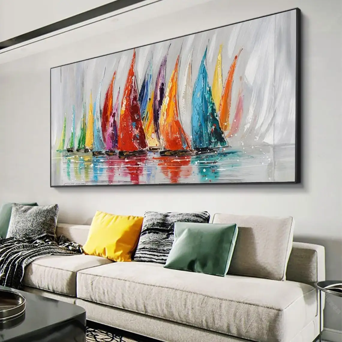 Sailboats Abstract Painting on Canvas Modern Art Oil Painting Living Room Colorful Wall Art Large Abstract Wall Art Ocean Art