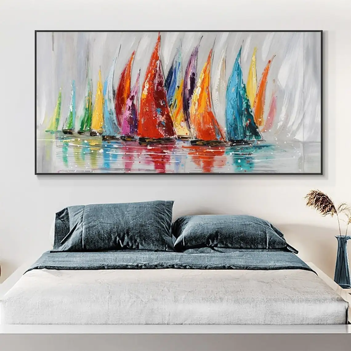 Sailboats Abstract Painting on Canvas Modern Art Oil Painting Living Room Colorful Wall Art Large Abstract Wall Art Ocean Art