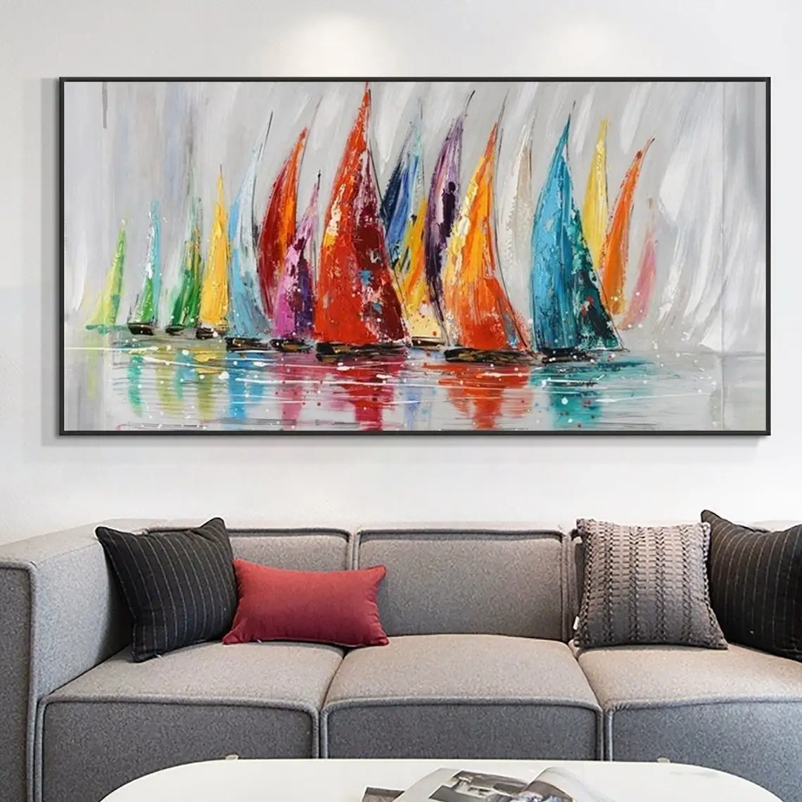 Sailboats Abstract Painting on Canvas Modern Art Oil Painting Living Room Colorful Wall Art Large Abstract Wall Art Ocean Art