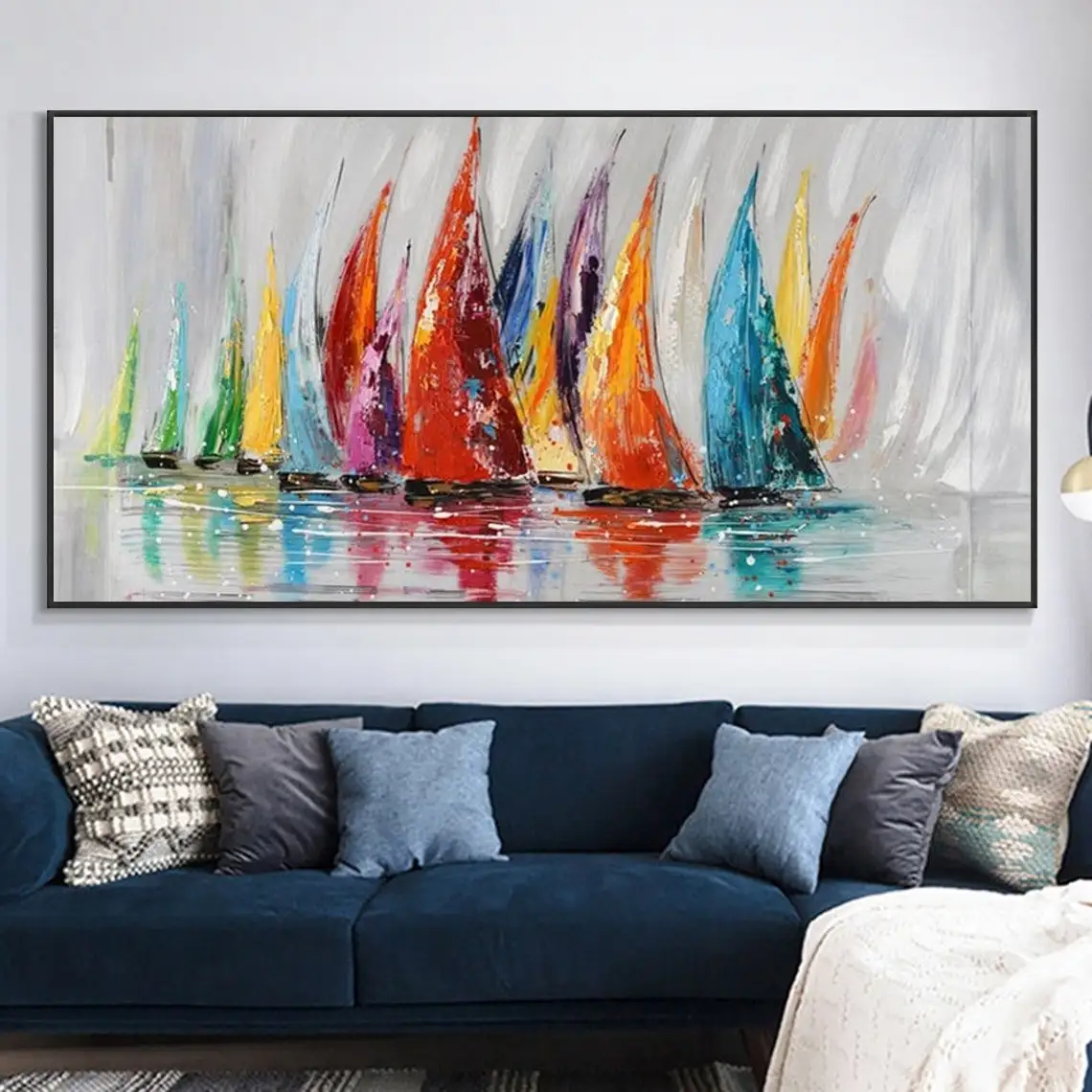 Sailboats Abstract Painting on Canvas Modern Art Oil Painting Living Room Colorful Wall Art Large Abstract Wall Art Ocean Art