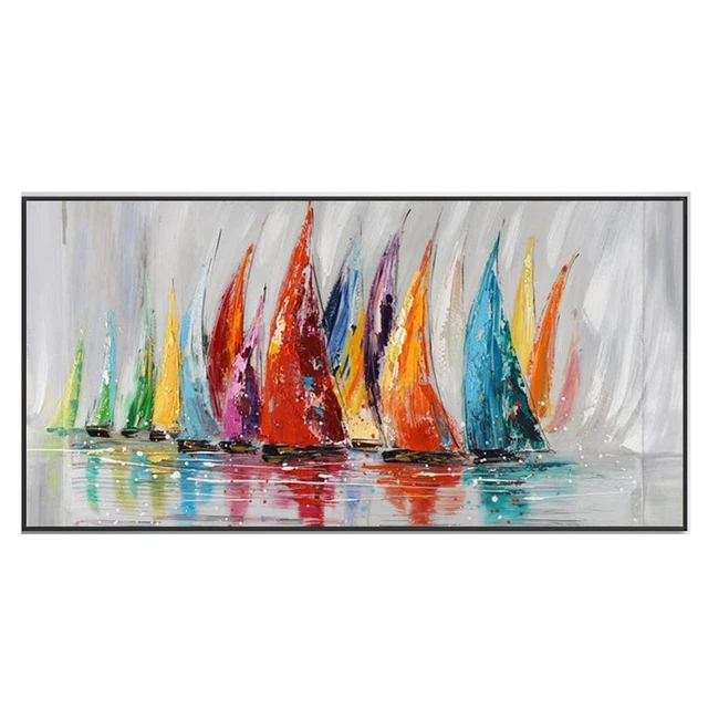 Sailboats Abstract Painting on Canvas Modern Art Oil Painting Living Room Colorful Wall Art Large Abstract Wall Art Ocean Art