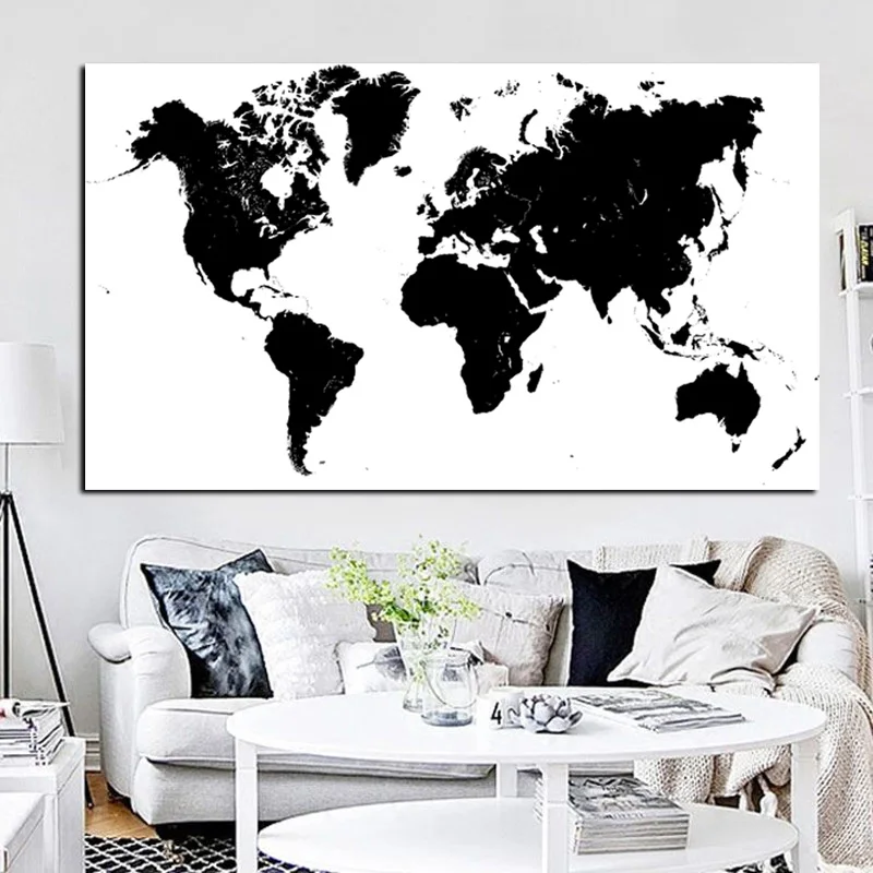 Large Size Abstract Black and White World Map Modern Painting on Canvas Poster Print Wall Art Picture for Living Room Cuadros
