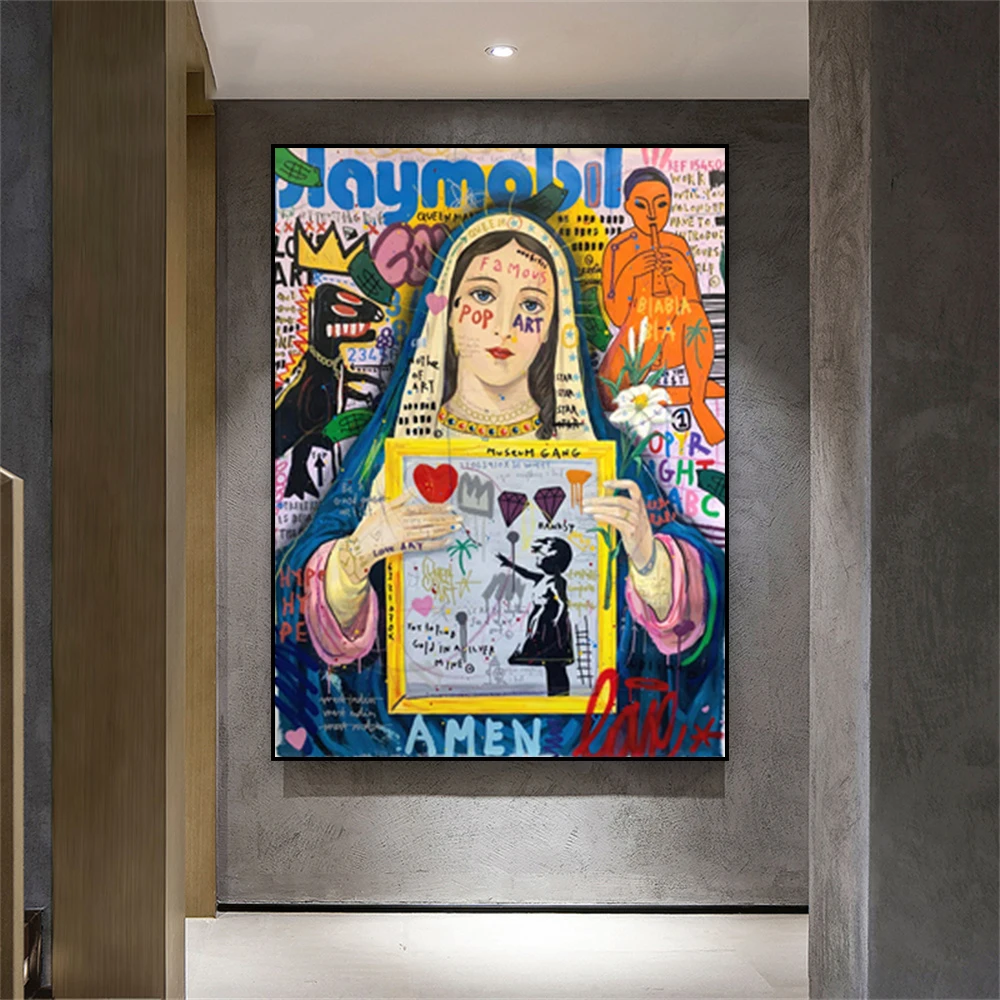 Banksy Art Virgin Mary Graffiti Poster Mona Lisa Colorful Canvas Prints Pop Street Jesus Wall Art Canvas Painting Home Decor