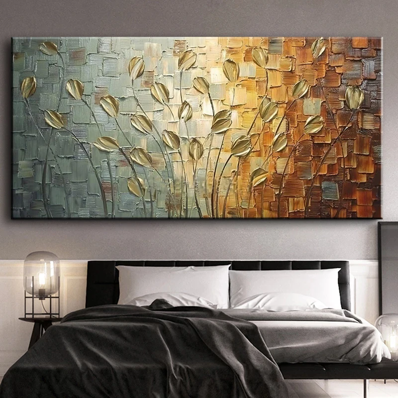 Nordic Abstract Golden Leaves Flowers Oil Painting on Canvas Wall Art Posters Prints Pictures for Living Room