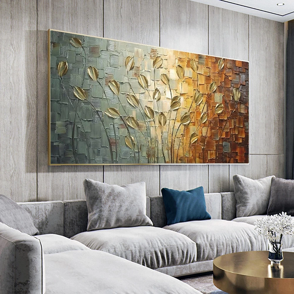 Nordic Abstract Golden Leaves Flowers Oil Painting on Canvas Wall Art Posters Prints Pictures for Living Room