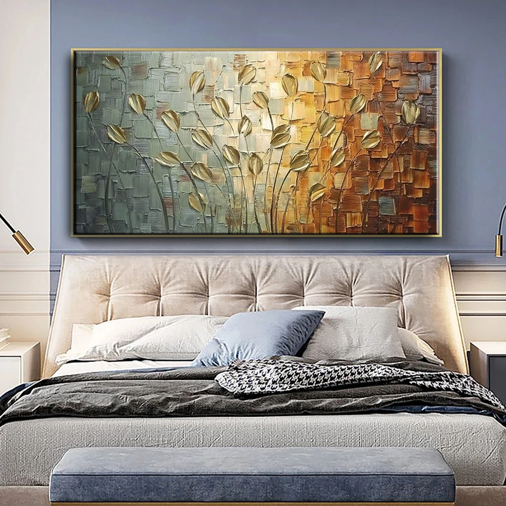 Nordic Abstract Golden Leaves Flowers Oil Painting on Canvas Wall Art Posters Prints Pictures for Living Room