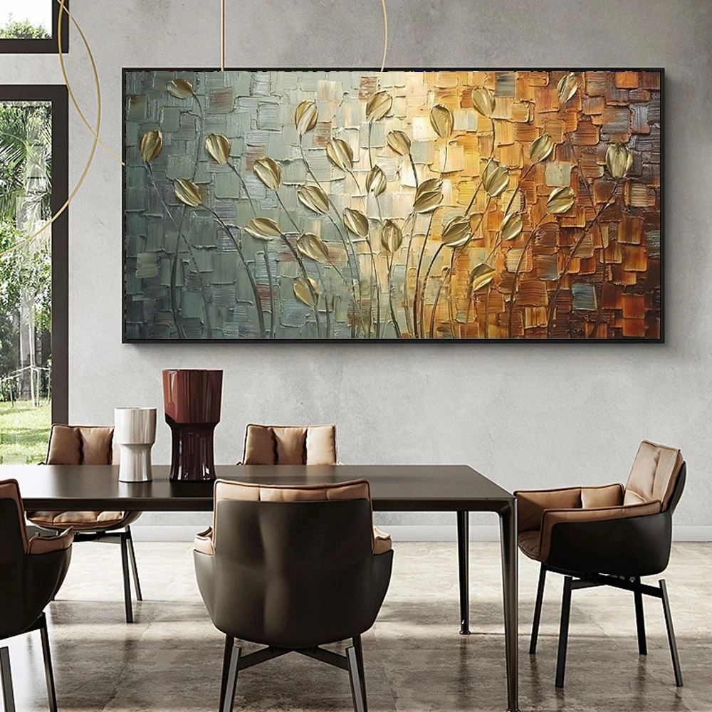 Nordic Abstract Golden Leaves Flowers Oil Painting on Canvas Wall Art Posters Prints Pictures for Living Room