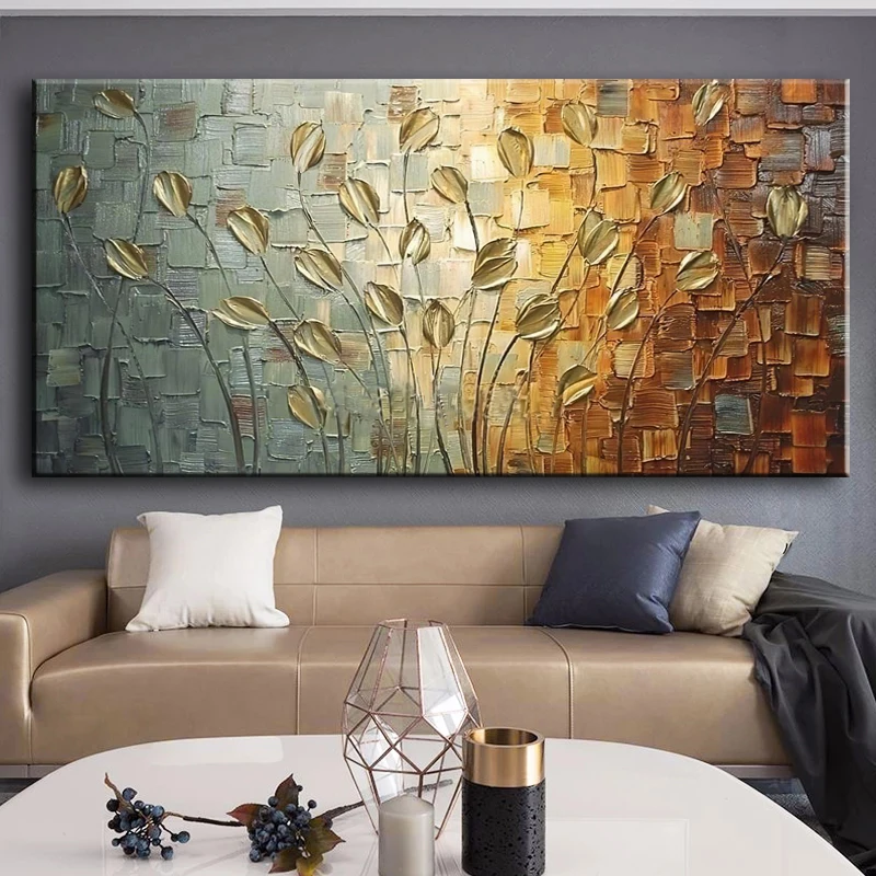 Nordic Abstract Golden Leaves Flowers Oil Painting on Canvas Wall Art Posters Prints Pictures for Living Room