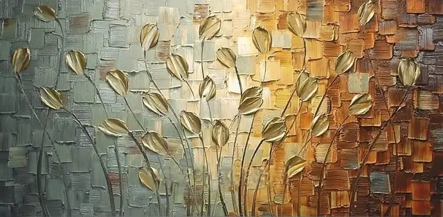 Nordic Abstract Golden Leaves Flowers Oil Painting on Canvas Wall Art Posters Prints Pictures for Living Room