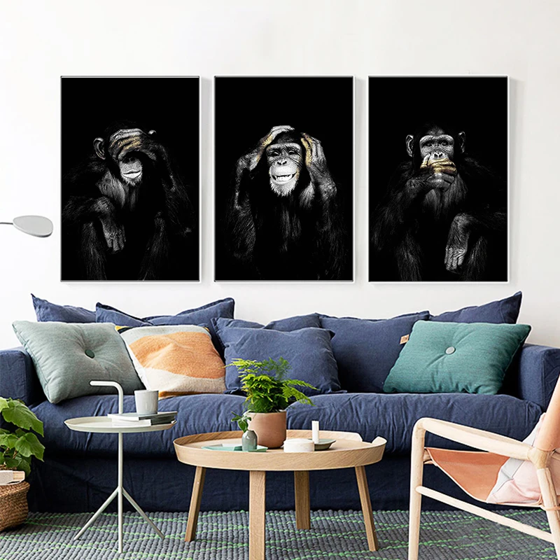 Wall Poster Wall Art Picture Dark 3 Funny Monkey Poster and Print for Living Room Home Décor