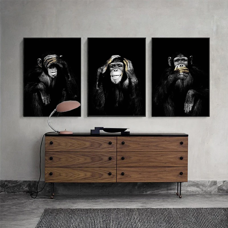 Wall Poster Wall Art Picture Dark 3 Funny Monkey Poster and Print for Living Room Home Décor