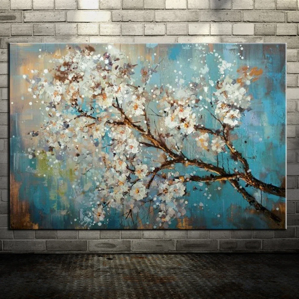 Classic Retro Aesthetics Wall Art Blue Tree Flowers HD Oil on Canvas Posters and Prints Home Decoration