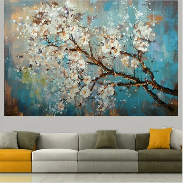 Classic Retro Aesthetics Wall Art Blue Tree Flowers HD Oil on Canvas Posters and Prints Home Decoration