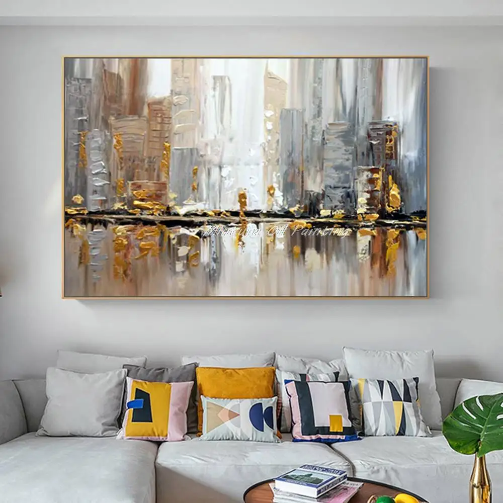 Hand-Painted Abstract City Oil Painting on Canvas Modern Building Landscape Wall Art Pictures