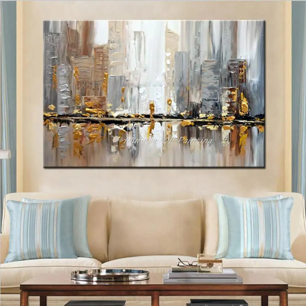 Hand-Painted Abstract City Oil Painting on Canvas Modern Building Landscape Wall Art Pictures