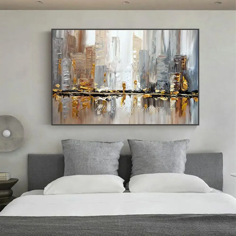 Hand-Painted Abstract City Oil Painting on Canvas Modern Building Landscape Wall Art Pictures