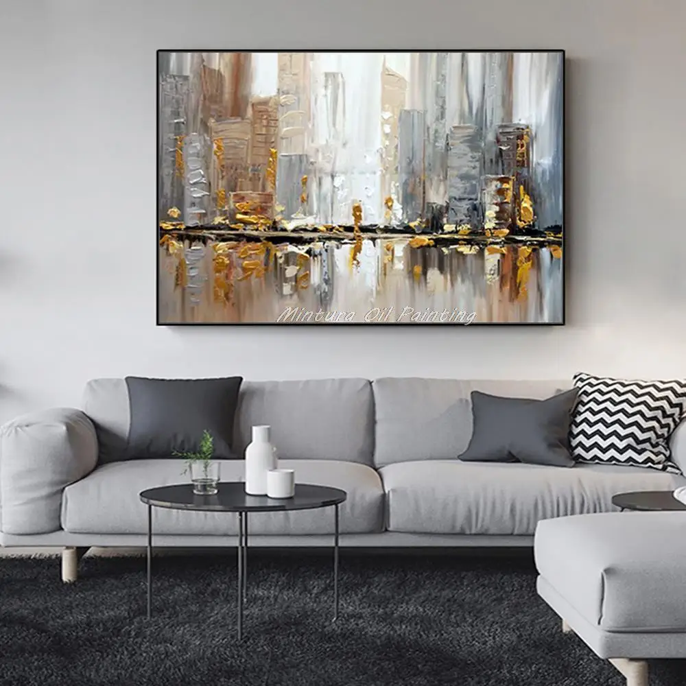 Hand-Painted Abstract City Oil Painting on Canvas Modern Building Landscape Wall Art Pictures