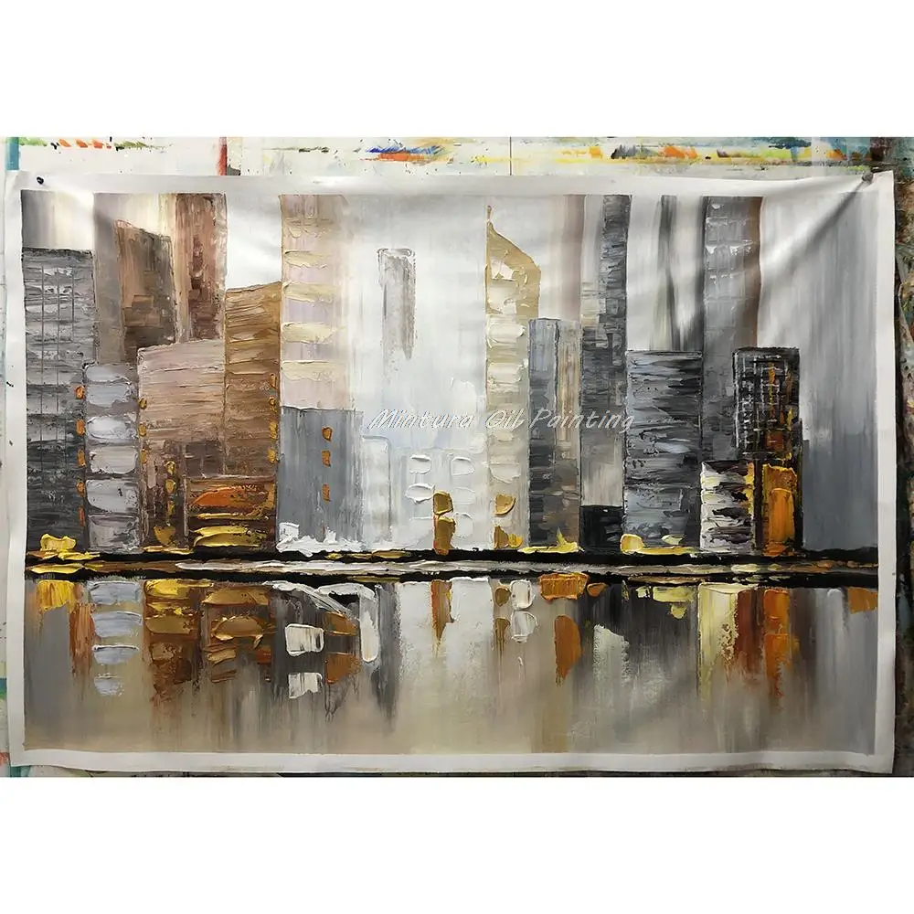 Hand-Painted Abstract City Oil Painting on Canvas Modern Building Landscape Wall Art Pictures