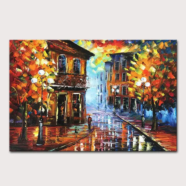Hand-Painted Abstract City Oil Painting on Canvas Modern Building Landscape Wall Art Pictures