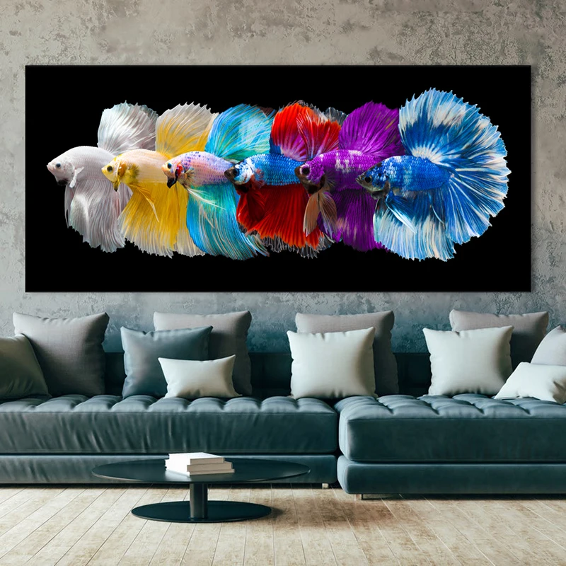 Abstract Multi Color Fish Canvas Painting Wall Art Colorful Betta Fish Rainbow Fish Wall Pictures Poster for Living Room DecorPr