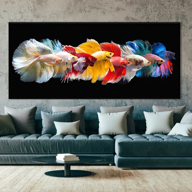 Abstract Multi Color Fish Canvas Painting Wall Art Colorful Betta Fish Rainbow Fish Wall Pictures Poster for Living Room DecorPr